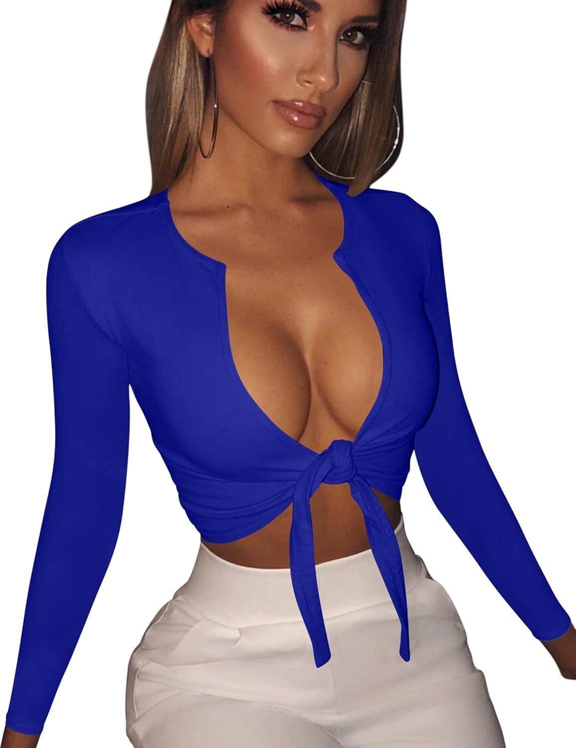 imageBORIFLORS Womens Sexy Tie Up Crop Top Short Sleeve Deep V Neck Casual Basic T ShirtZroyal Blue