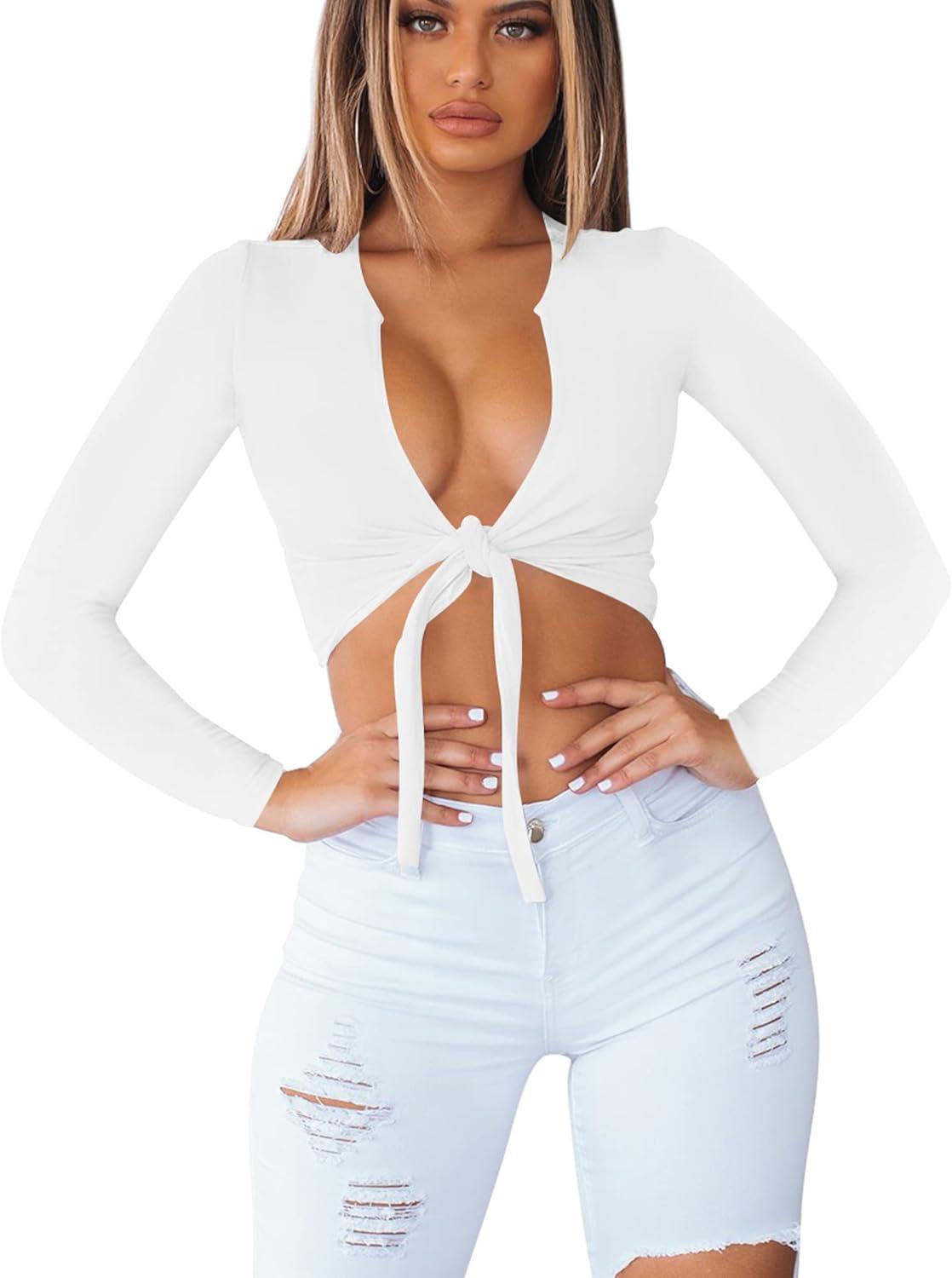 imageBORIFLORS Womens Sexy Tie Up Crop Top Short Sleeve Deep V Neck Casual Basic T ShirtZwhite