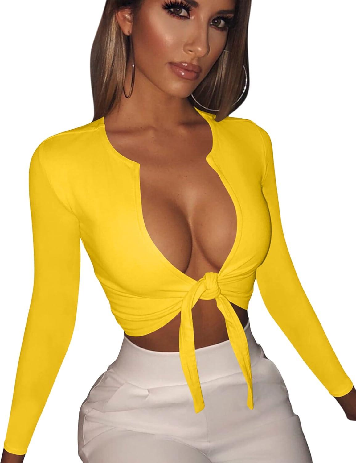imageBORIFLORS Womens Sexy Tie Up Crop Top Short Sleeve Deep V Neck Casual Basic T ShirtZyellow
