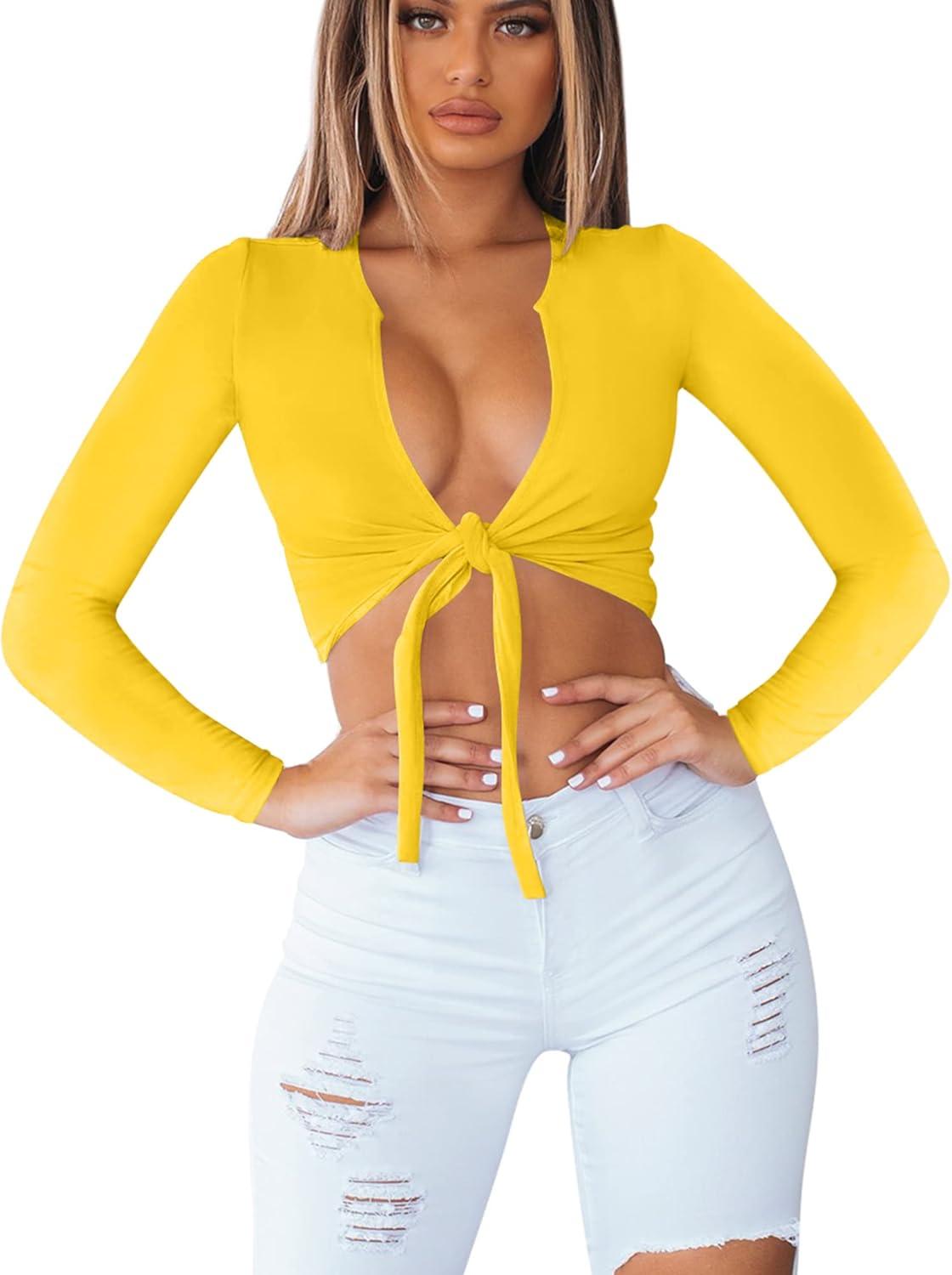 imageBORIFLORS Womens Sexy Tie Up Crop Top Short Sleeve Deep V Neck Casual Basic T ShirtZyellow
