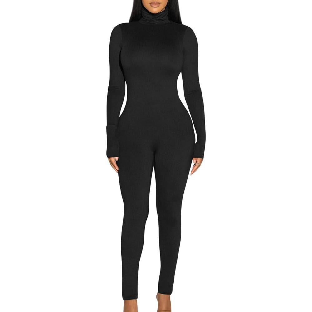 imageBORIFLORS Long Sleeve Jumpsuit for Women Sexy Turtleneck One Piece Bodycon Rompers ClubwearBlack