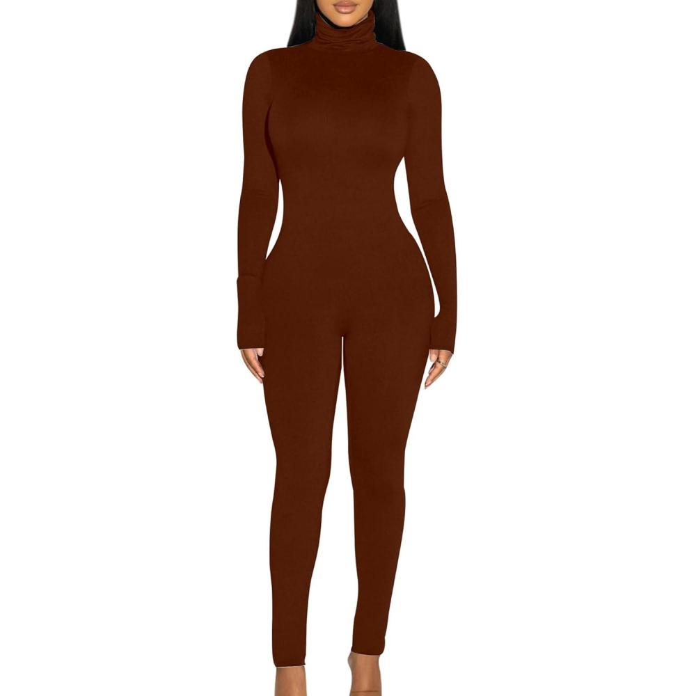 imageBORIFLORS Long Sleeve Jumpsuit for Women Sexy Turtleneck One Piece Bodycon Rompers ClubwearBrown