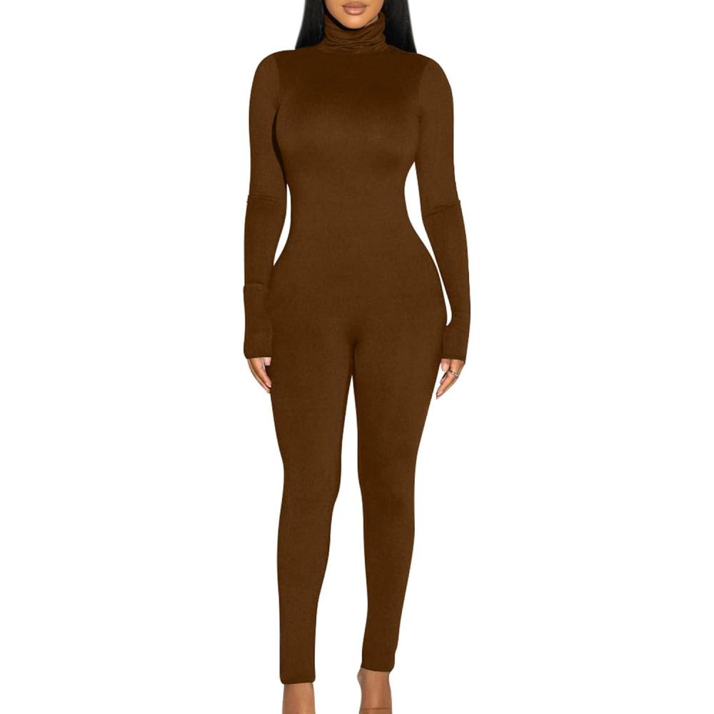 imageBORIFLORS Long Sleeve Jumpsuit for Women Sexy Turtleneck One Piece Bodycon Rompers ClubwearCoffee