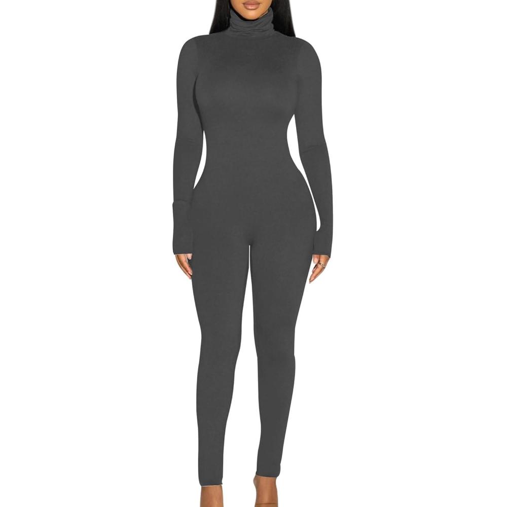 imageBORIFLORS Long Sleeve Jumpsuit for Women Sexy Turtleneck One Piece Bodycon Rompers ClubwearDark Grey