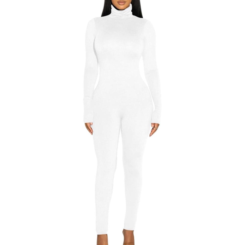 imageBORIFLORS Long Sleeve Jumpsuit for Women Sexy Turtleneck One Piece Bodycon Rompers ClubwearWhite