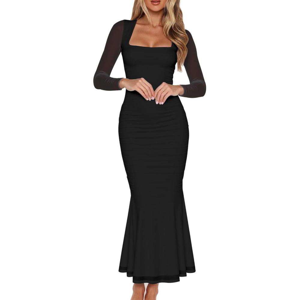 imageBORIFLORS Womens Ruched Bodycon Long Sleeve Maxi Dress Mesh Square Neck Cocktail Party Long DressesBlack