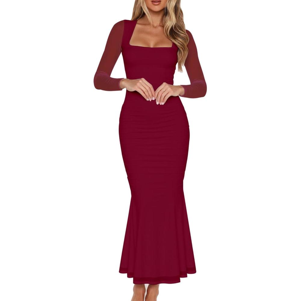 imageBORIFLORS Womens Ruched Bodycon Long Sleeve Maxi Dress Mesh Square Neck Cocktail Party Long DressesWine Red