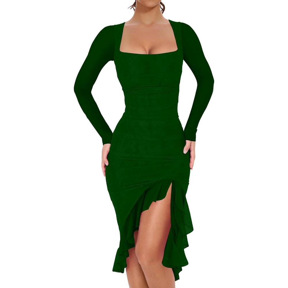 imageBORIFLORS Womens Sexy Ruched Bodycon Midi Dresses Elegant Mesh Long Sleeve Square Neck Ruffle Hem Cocktail Party DressDark Green