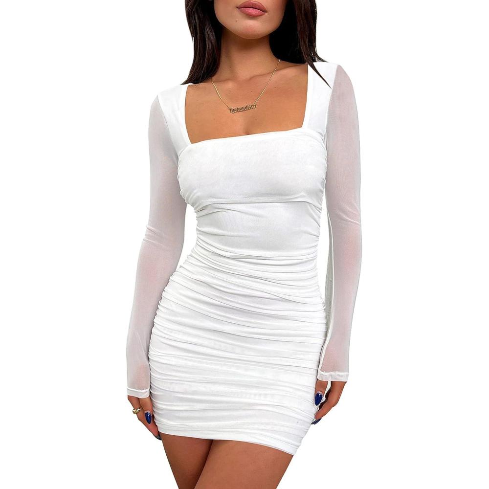 imageBORIFLORS Womens Sexy Ruched Bodycon Mini Dress Mesh Long Sleeve Club Party Short DressesWhite
