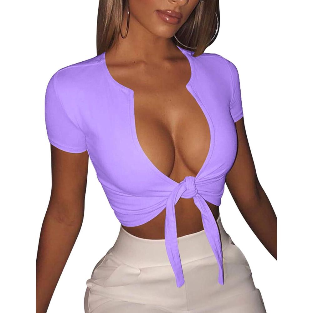 imageBORIFLORS Womens Sexy Tie Up Crop Top Short Sleeve Deep V Neck Casual Basic T ShirtPurple