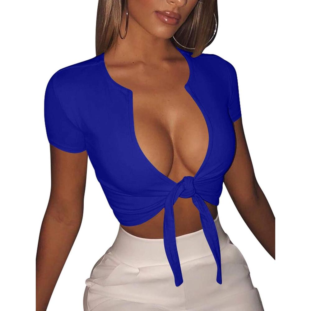 imageBORIFLORS Womens Sexy Tie Up Crop Top Short Sleeve Deep V Neck Casual Basic T ShirtRoyal Blue