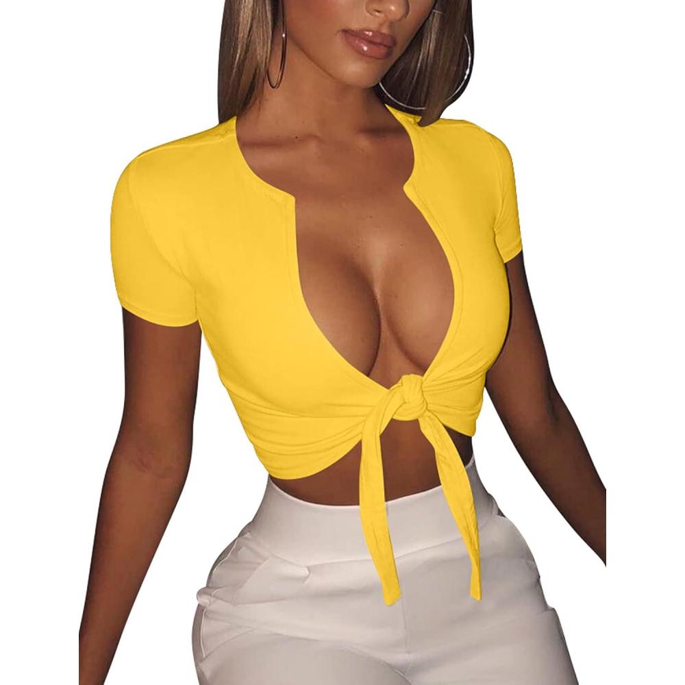 imageBORIFLORS Womens Sexy Tie Up Crop Top Short Sleeve Deep V Neck Casual Basic T ShirtYellow