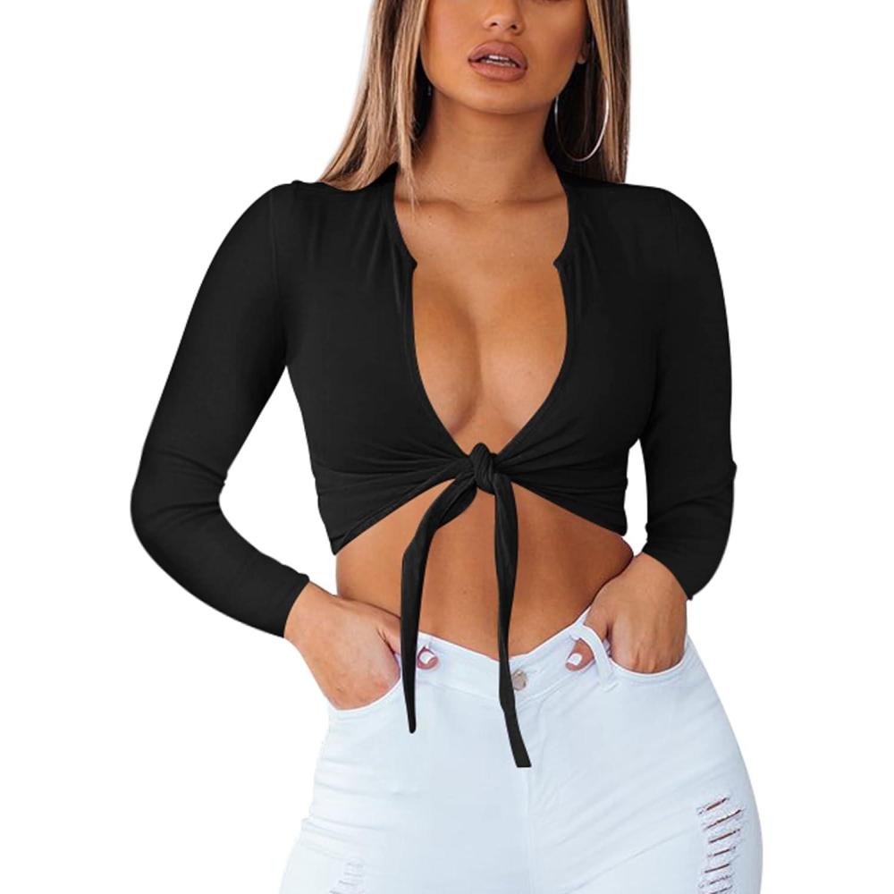imageBORIFLORS Womens Sexy Tie Up Crop Top Short Sleeve Deep V Neck Casual Basic T ShirtZblack