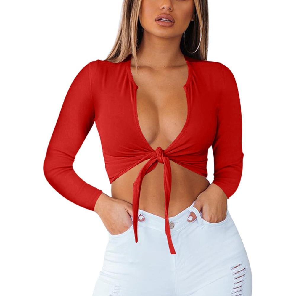 imageBORIFLORS Womens Sexy Tie Up Crop Top Short Sleeve Deep V Neck Casual Basic T ShirtZred