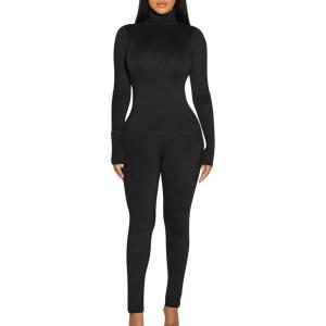 BORIFLORS Long Sleeve Jumpsuit for Women Sexy Turtleneck One Piece Bodycon Rompers Clubwear(Black)