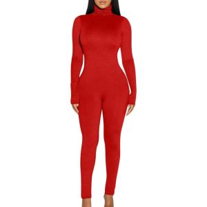 BORIFLORS Long Sleeve Jumpsuit for Women Sexy Turtleneck One Piece Bodycon Rompers Clubwear(Red)