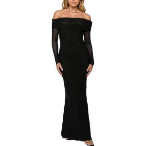 BORIFLORS Women’s Elegant Off The Shoulder Bodycon Long Sleeve Maxi Dress Mesh Cocktail Party Wedding Guest Formal Dresses(Black)