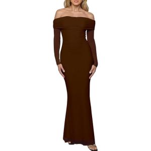 BORIFLORS Women’s Elegant Off The Shoulder Bodycon Long Sleeve Maxi Dress Mesh Cocktail Party Wedding Guest Formal Dresses(Coffee)
