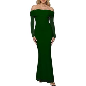 BORIFLORS Women’s Elegant Off The Shoulder Bodycon Long Sleeve Maxi Dress Mesh Cocktail Party Wedding Guest Formal Dresses(Dark Green)