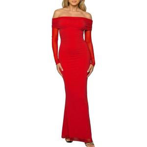 BORIFLORS Women’s Elegant Off The Shoulder Bodycon Long Sleeve Maxi Dress Mesh Cocktail Party Wedding Guest Formal Dresses(Red)
