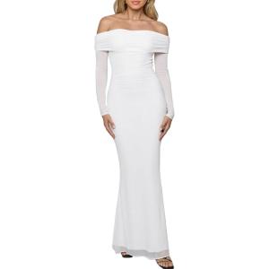BORIFLORS Women’s Elegant Off The Shoulder Bodycon Long Sleeve Maxi Dress Mesh Cocktail Party Wedding Guest Formal Dresses(White)