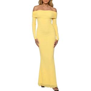 BORIFLORS Women’s Elegant Off The Shoulder Bodycon Long Sleeve Maxi Dress Mesh Cocktail Party Wedding Guest Formal Dresses(Yellow)