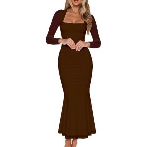 BORIFLORS Women’s Ruched Bodycon Long Sleeve Maxi Dress Mesh Square Neck Cocktail Party Long Dresses(Coffee)