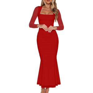 BORIFLORS Women’s Ruched Bodycon Long Sleeve Maxi Dress Mesh Square Neck Cocktail Party Long Dresses(Red)