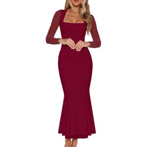 BORIFLORS Women’s Ruched Bodycon Long Sleeve Maxi Dress Mesh Square Neck Cocktail Party Long Dresses(Wine Red)