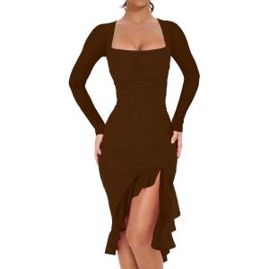 BORIFLORS Women’s Sexy Ruched Bodycon Midi Dresses Elegant Mesh Long Sleeve Square Neck Ruffle Hem Cocktail Party Dress(Coffee)