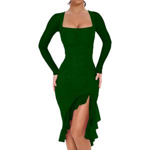 BORIFLORS Women’s Sexy Ruched Bodycon Midi Dresses Elegant Mesh Long Sleeve Square Neck Ruffle Hem Cocktail Party Dress(Dark Green)