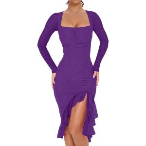 BORIFLORS Women’s Sexy Ruched Bodycon Midi Dresses Elegant Mesh Long Sleeve Square Neck Ruffle Hem Cocktail Party Dress(Dark Purple)