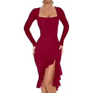 BORIFLORS Women’s Sexy Ruched Bodycon Midi Dresses Elegant Mesh Long Sleeve Square Neck Ruffle Hem Cocktail Party Dress(Winered)