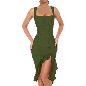 BORIFLORS Women’s Sexy Ruched Bodycon Midi Dresses Square Neck Sleeveless Ruffle Hem Club Party Tank Dress(Army Green)