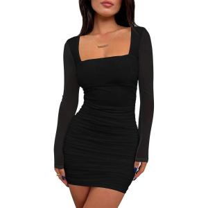 BORIFLORS Women’s Sexy Ruched Bodycon Mini Dress Mesh Long Sleeve Club Party Short Dresses(Black)
