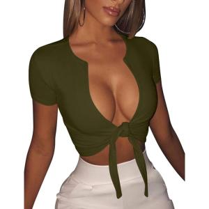 BORIFLORS Women’s Sexy Tie Up Crop Top Short Sleeve Deep V Neck Casual Basic T Shirt(Army Green)