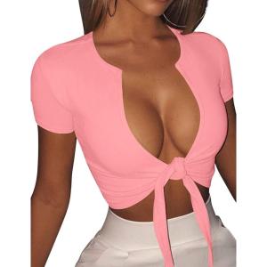 BORIFLORS Women’s Sexy Tie Up Crop Top Short Sleeve Deep V Neck Casual Basic T Shirt(Pink)