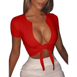 BORIFLORS Women’s Sexy Tie Up Crop Top Short Sleeve Deep V Neck Casual Basic T Shirt(Red)