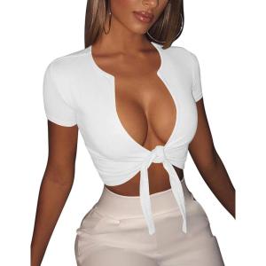 BORIFLORS Women’s Sexy Tie Up Crop Top Short Sleeve Deep V Neck Casual Basic T Shirt(White)