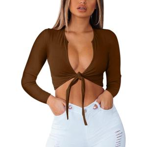 BORIFLORS Women’s Sexy Tie Up Crop Top Short Sleeve Deep V Neck Casual Basic T Shirt(Z-coffee)