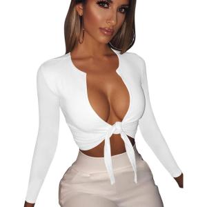 BORIFLORS Women’s Sexy Tie Up Crop Top Short Sleeve Deep V Neck Casual Basic T Shirt(Z-white)