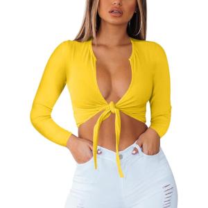 BORIFLORS Women’s Sexy Tie Up Crop Top Short Sleeve Deep V Neck Casual Basic T Shirt(Z-yellow)