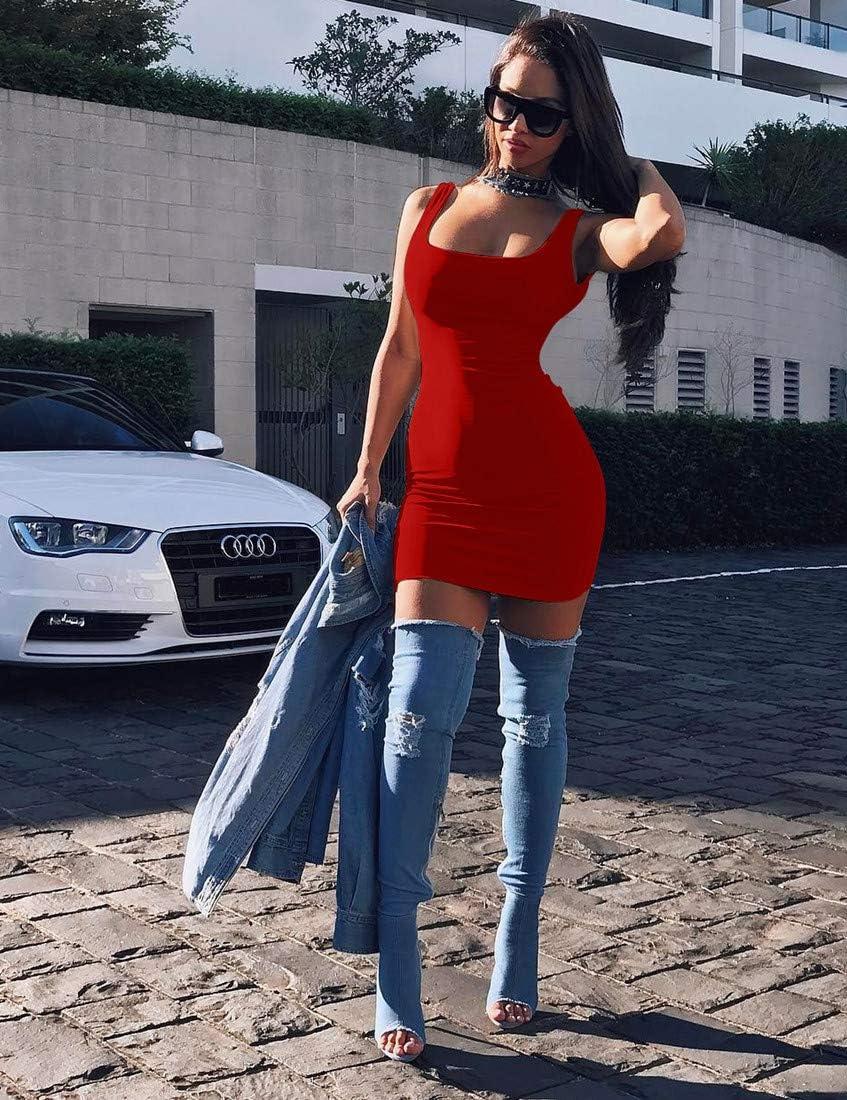 imageBORIFLORS Womens Casual Basic Tank Top Sexy Sleeveless Bodycon Mini Club DressRed