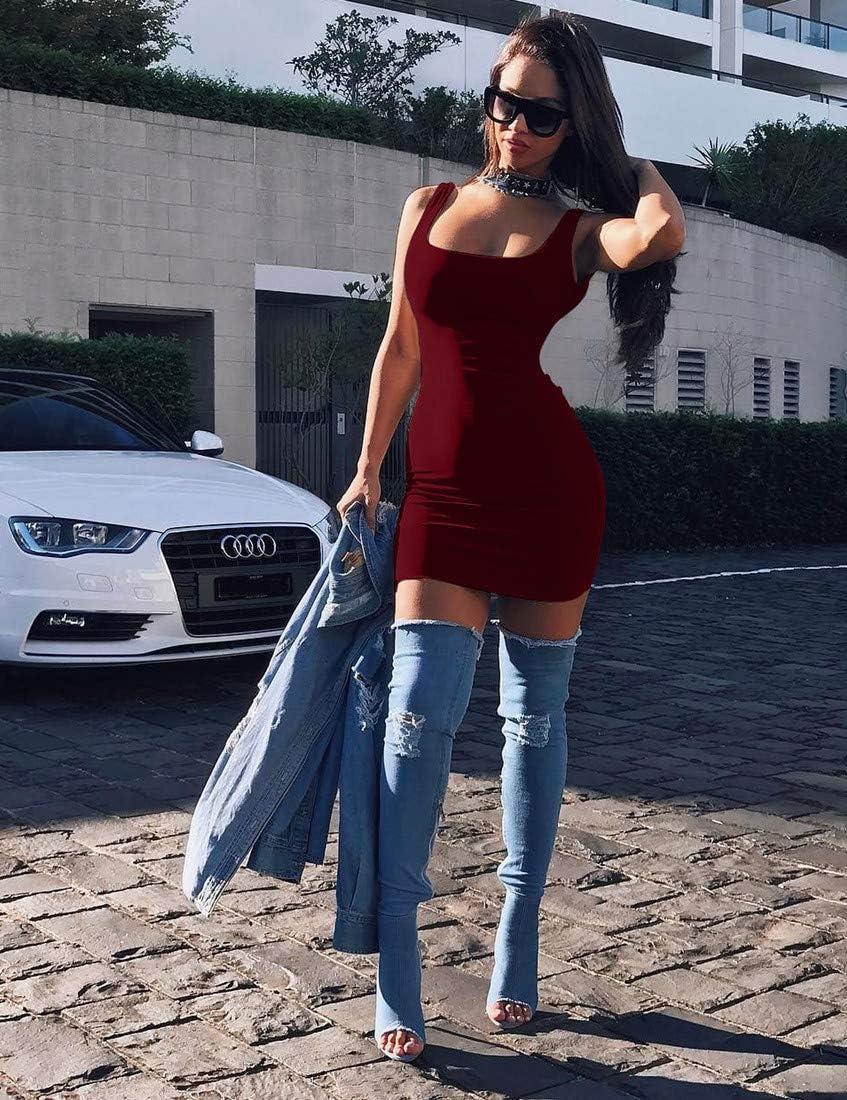 imageBORIFLORS Womens Casual Basic Tank Top Sexy Sleeveless Bodycon Mini Club DressWine Red