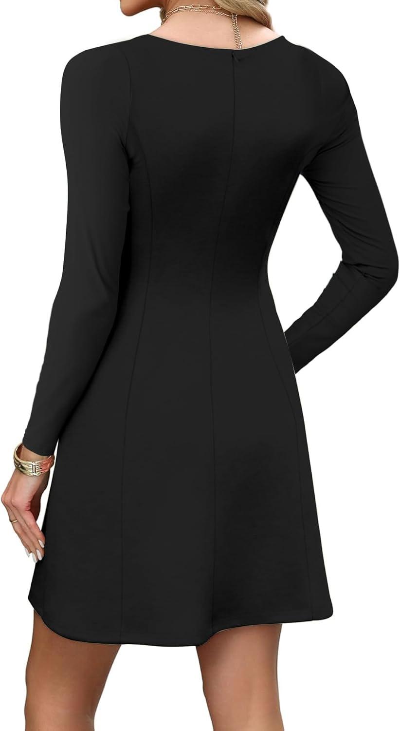 imageBORIFLORS Womens Long Sleeve Square Neck Mini Dresses Fall Basic Casual Aline Party Short DressBlack