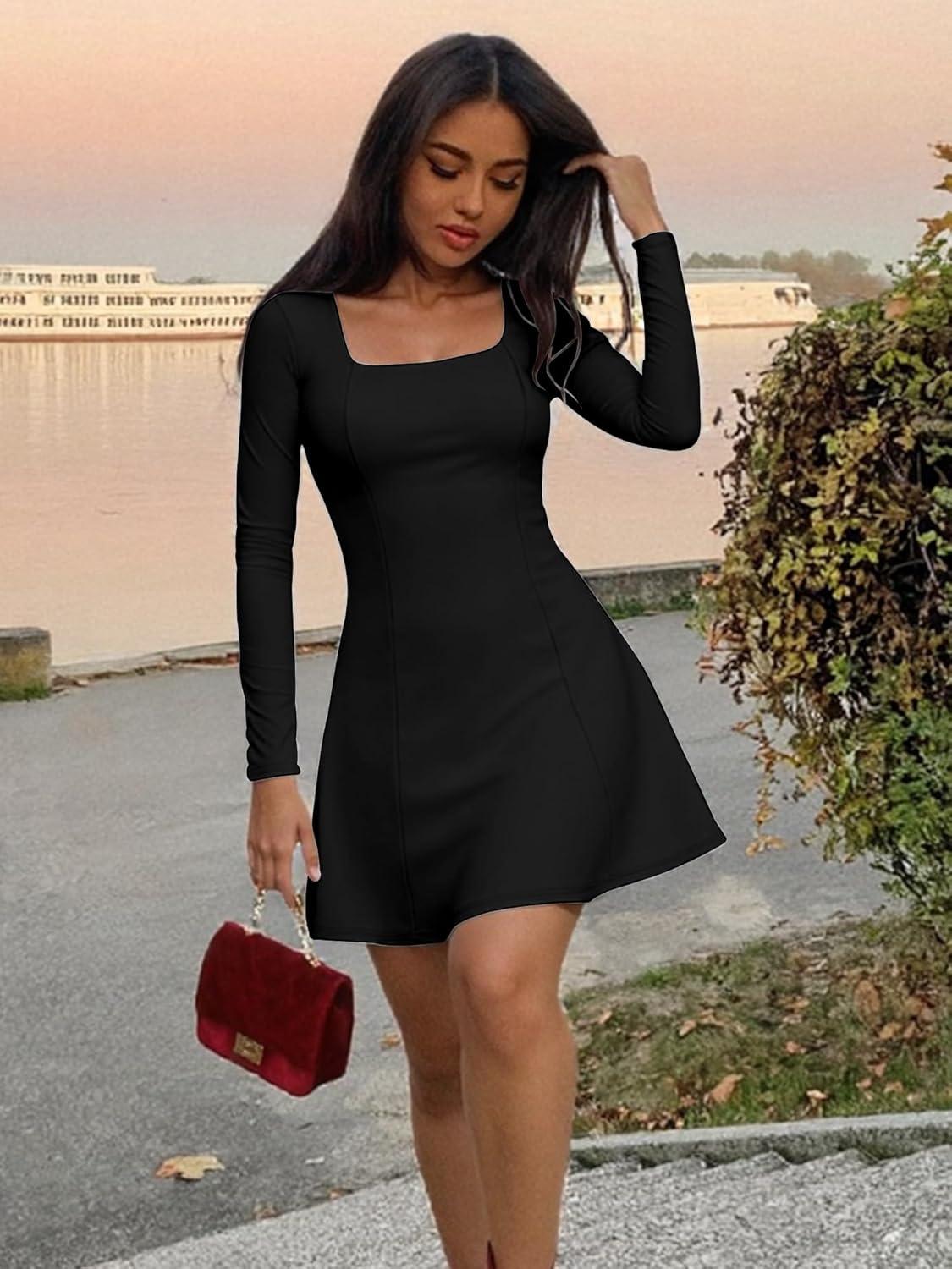 imageBORIFLORS Womens Long Sleeve Square Neck Mini Dresses Fall Basic Casual Aline Party Short DressBlack