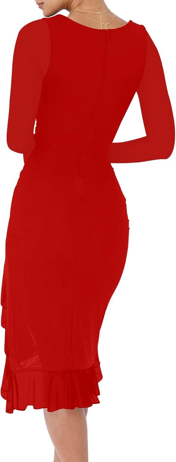 imageBORIFLORS Womens Mesh Long Sleeve Ruffle Hem Bodycon Midi Dresses Ruched Party Cocktail Wedding Guest DressRed