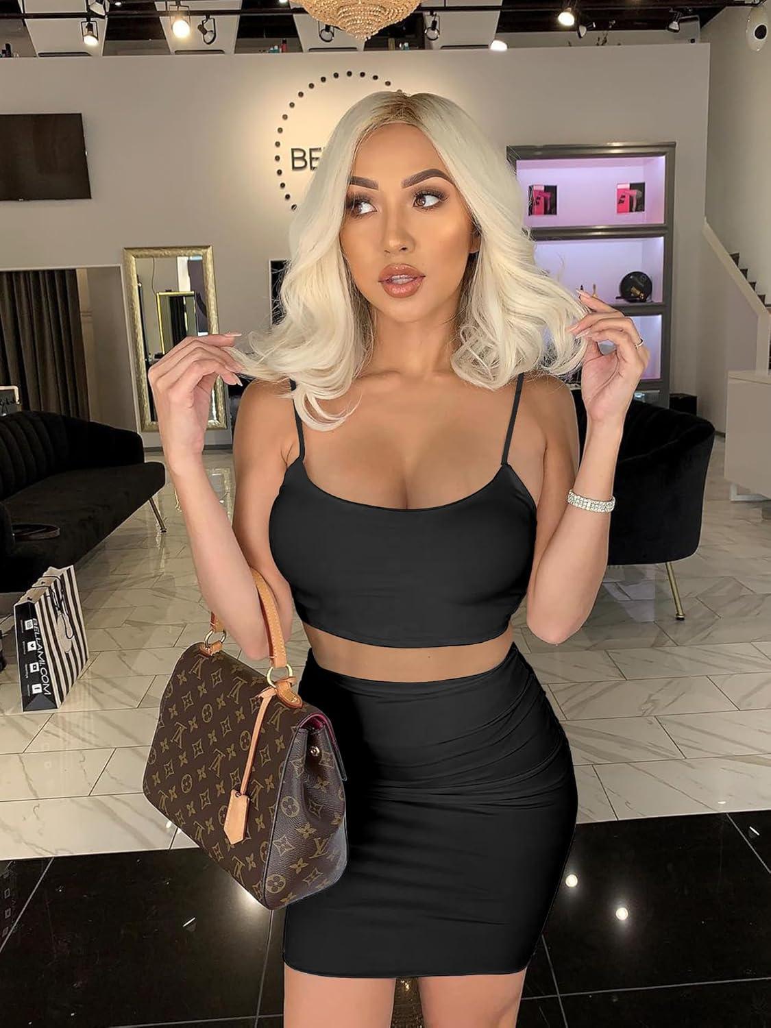 imageBORIFLORS Womens Sexy 2 Piece Bodycon Mini Party Dresses Halloween Costume Strap Crop Top Short Skirt SetBlack