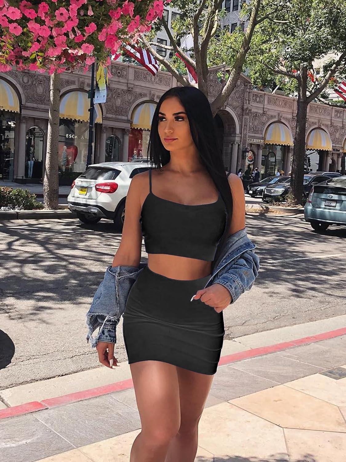 imageBORIFLORS Womens Sexy 2 Piece Bodycon Mini Party Dresses Halloween Costume Strap Crop Top Short Skirt SetBlack