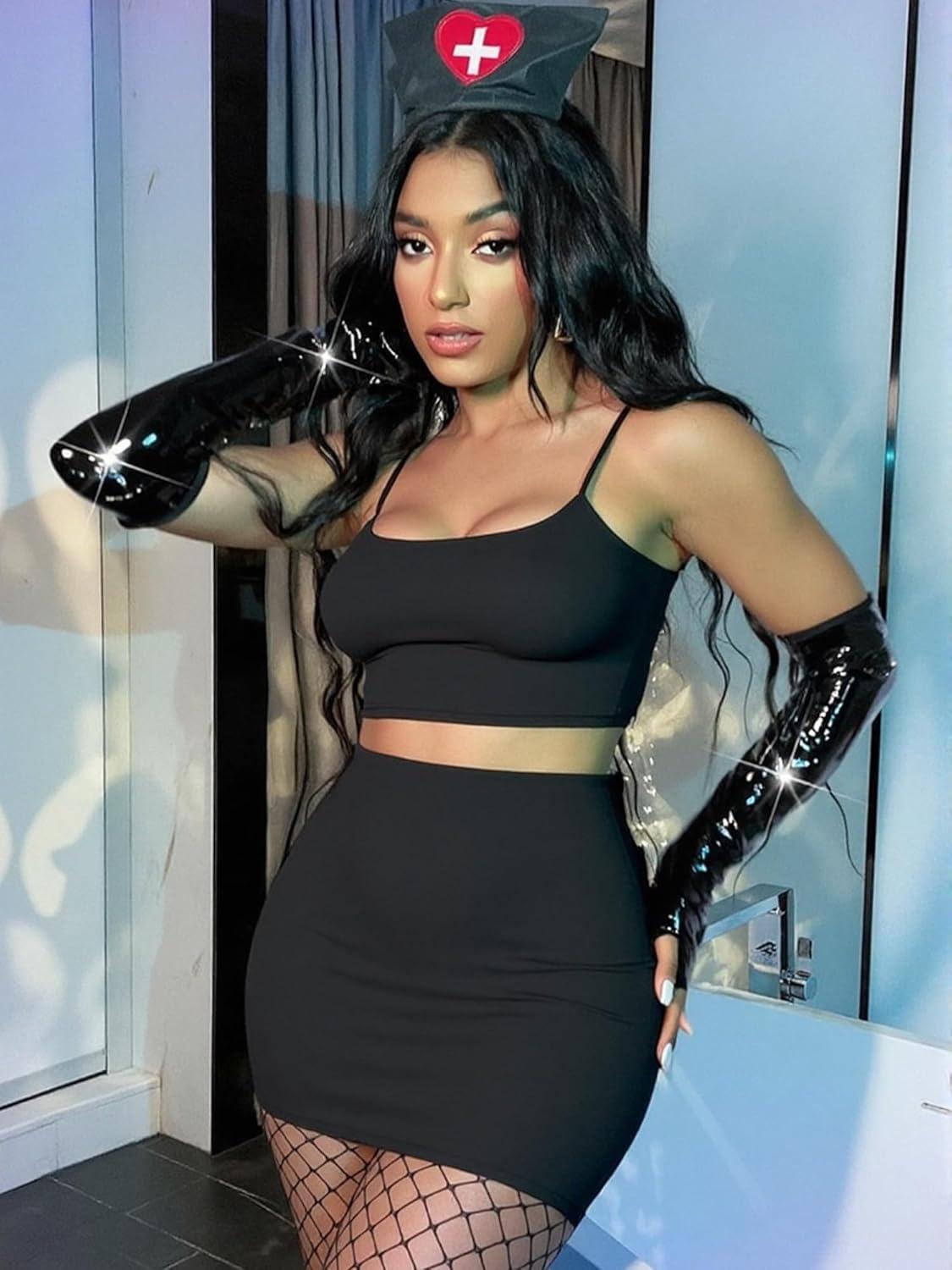 imageBORIFLORS Womens Sexy 2 Piece Bodycon Mini Party Dresses Halloween Costume Strap Crop Top Short Skirt SetBlack